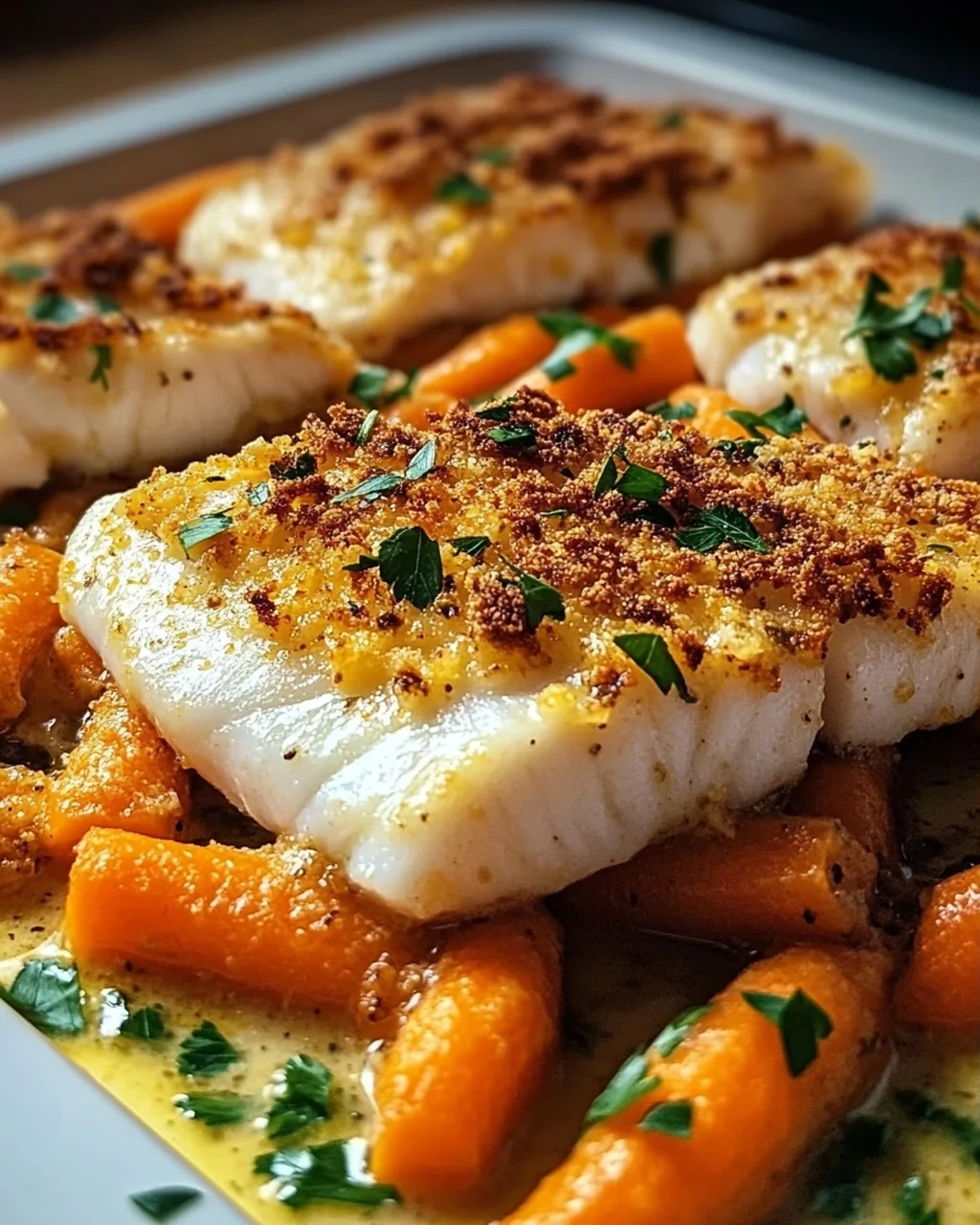 Baked Coalfish with Mustard Carrots