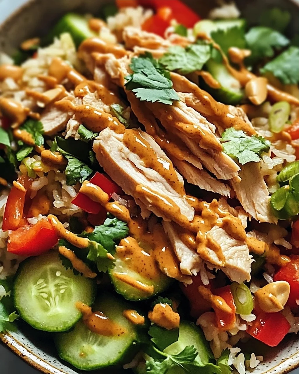 Hühnchen Crispy Reis Salat mit Erdnussdressing schnell & lecker
