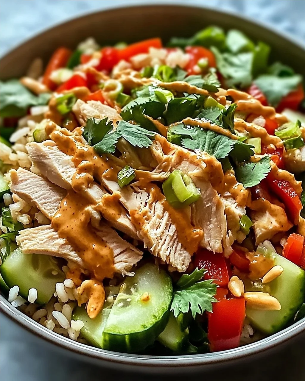 Hühnchen Crispy Reis Salat mit Erdnussdressing schnell & lecker