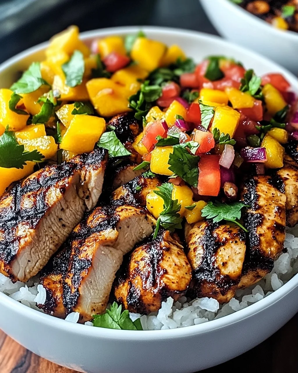 Jerk-Hühnchen-Schalen mit Mango-Salsa und Kokosreis