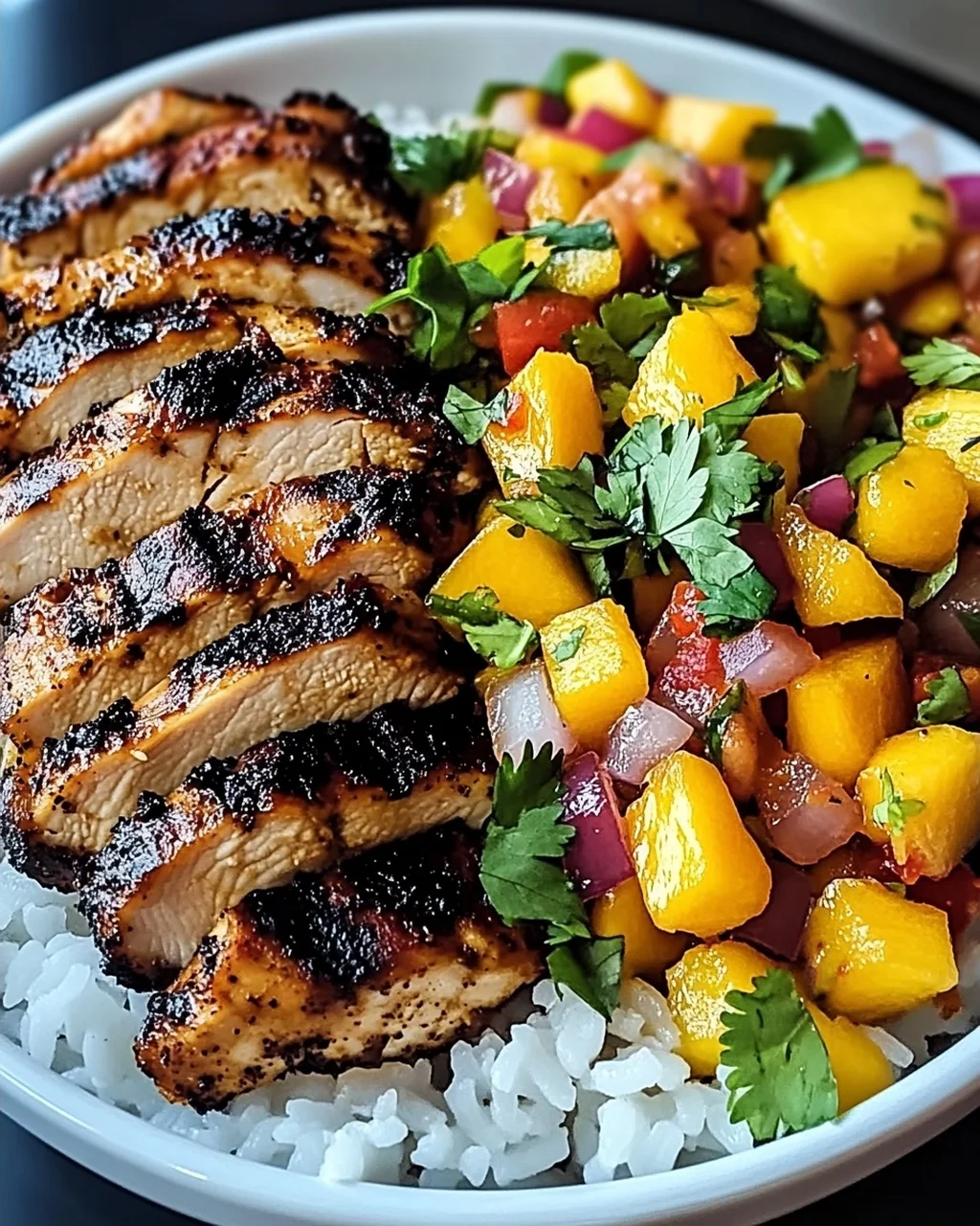 Jerk-Hühnchen-Schalen mit Mango-Salsa und Kokosreis