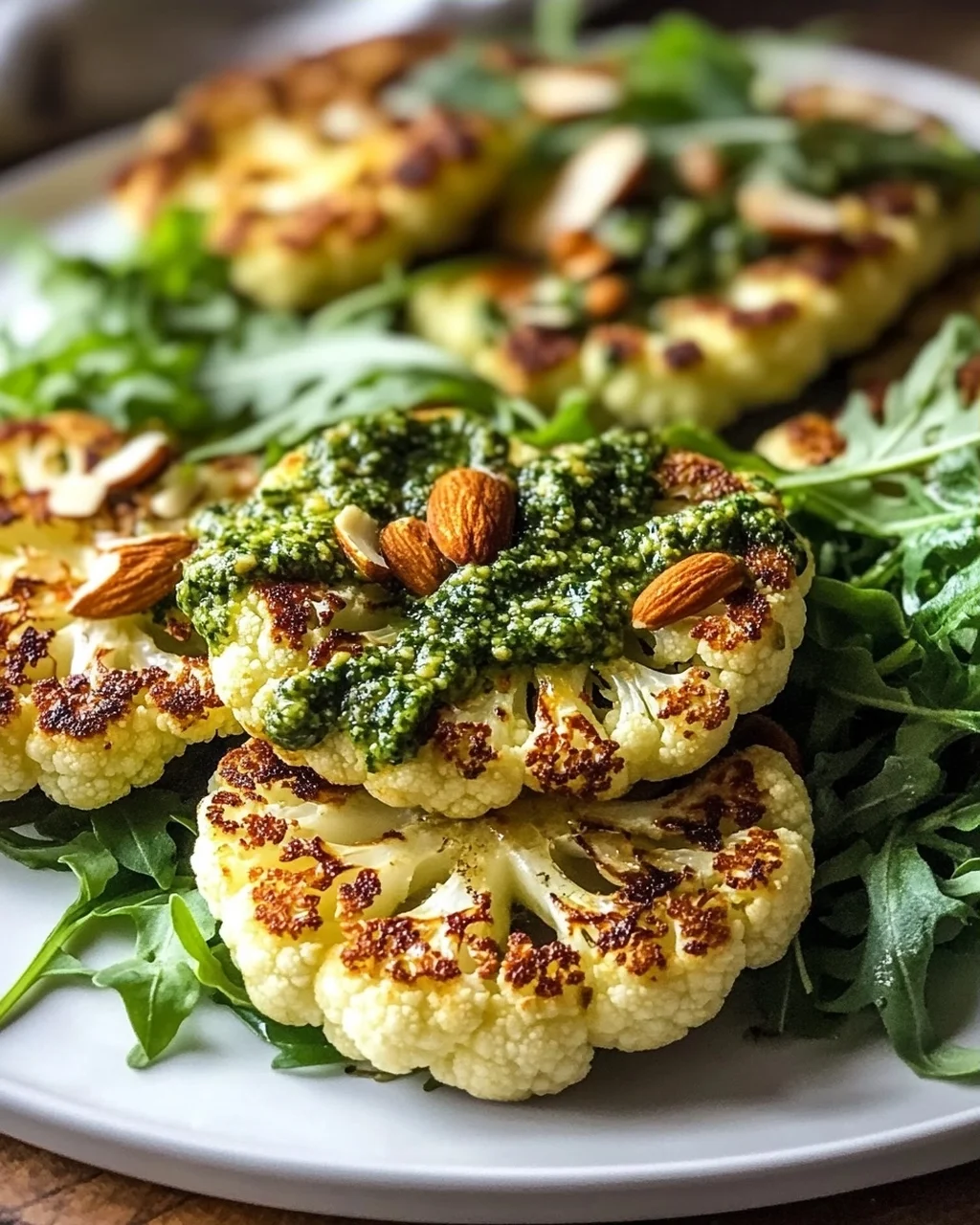 Knusprige Blumenkohl Steaks mit Mandel Pesto & Rucola