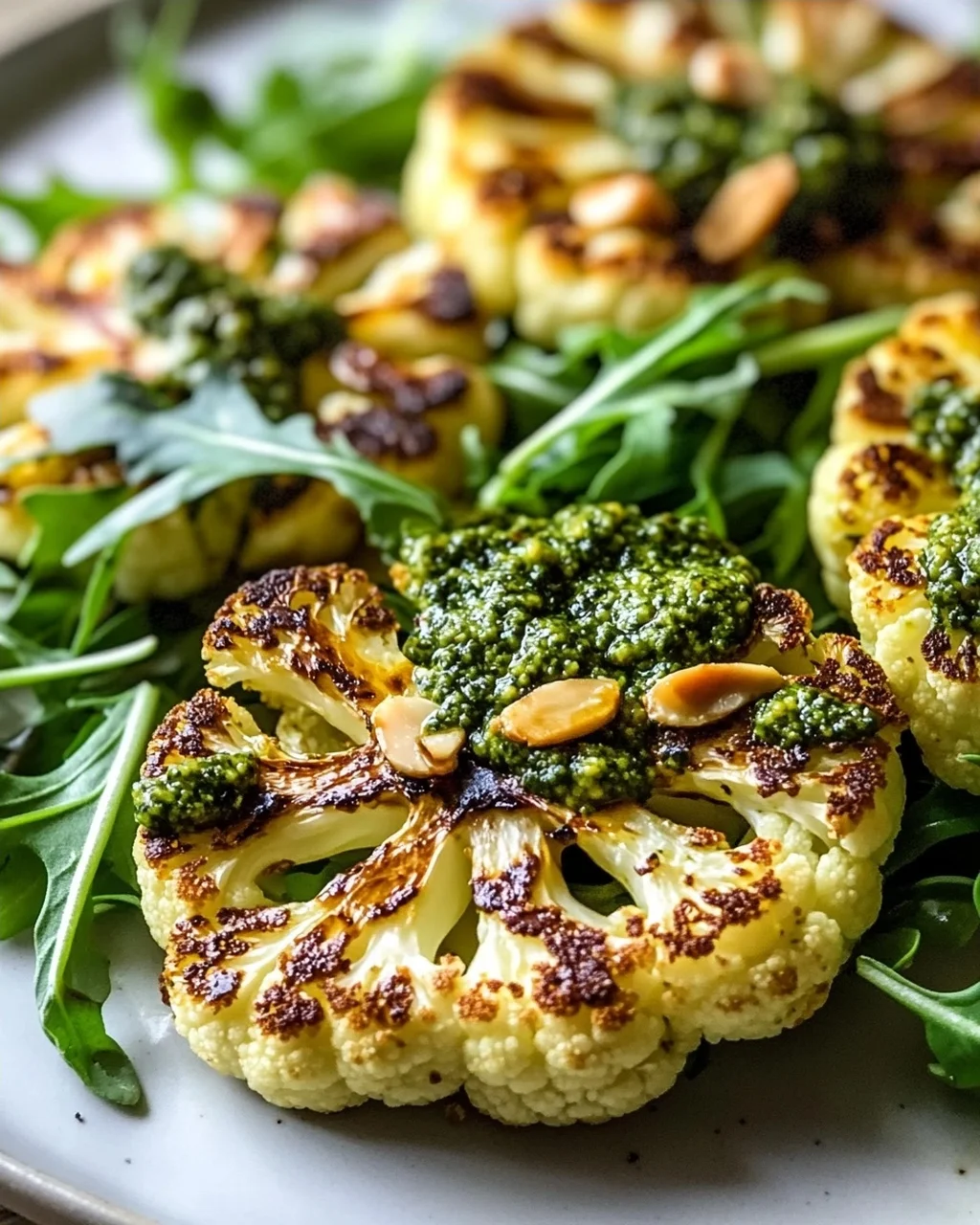 Knusprige Blumenkohl Steaks mit Mandel Pesto & Rucola