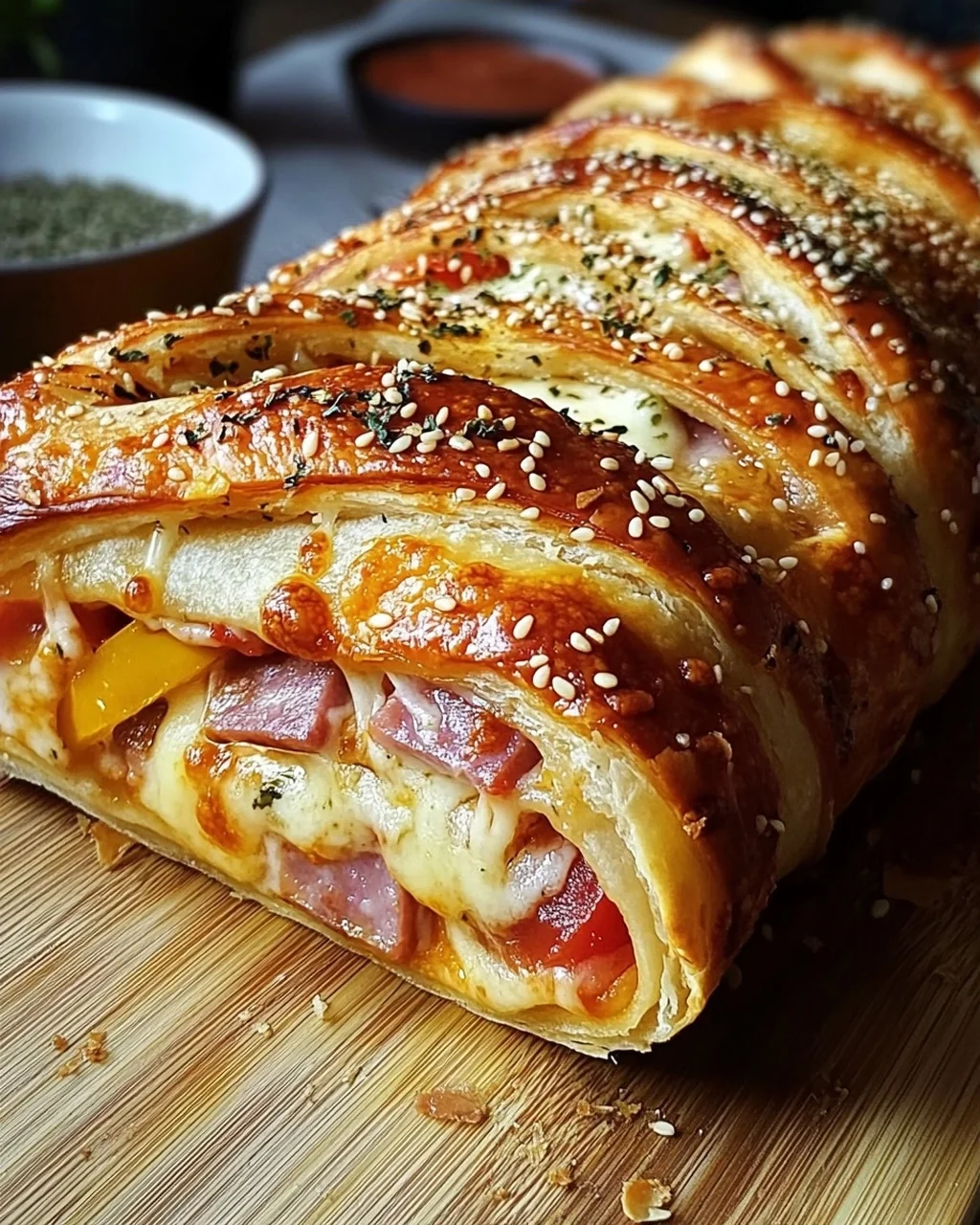 Pizza-Strudel (auch Pizza-Zopf genannt) aus fertigem Pizzateig