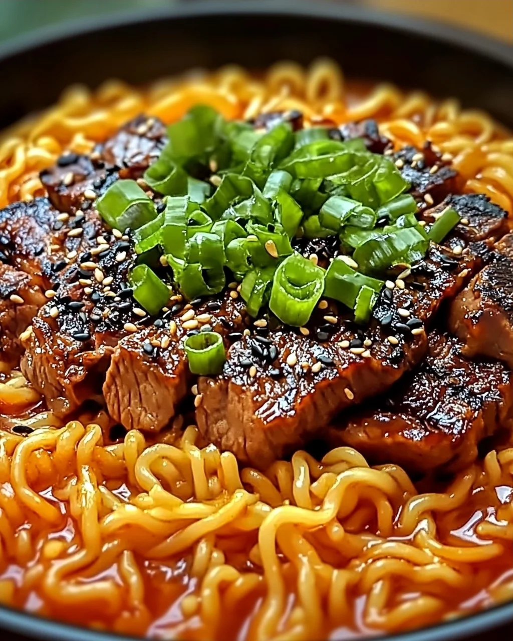 Scharfe Koreanische Nudeln mit gegrilltem Rindfleisch