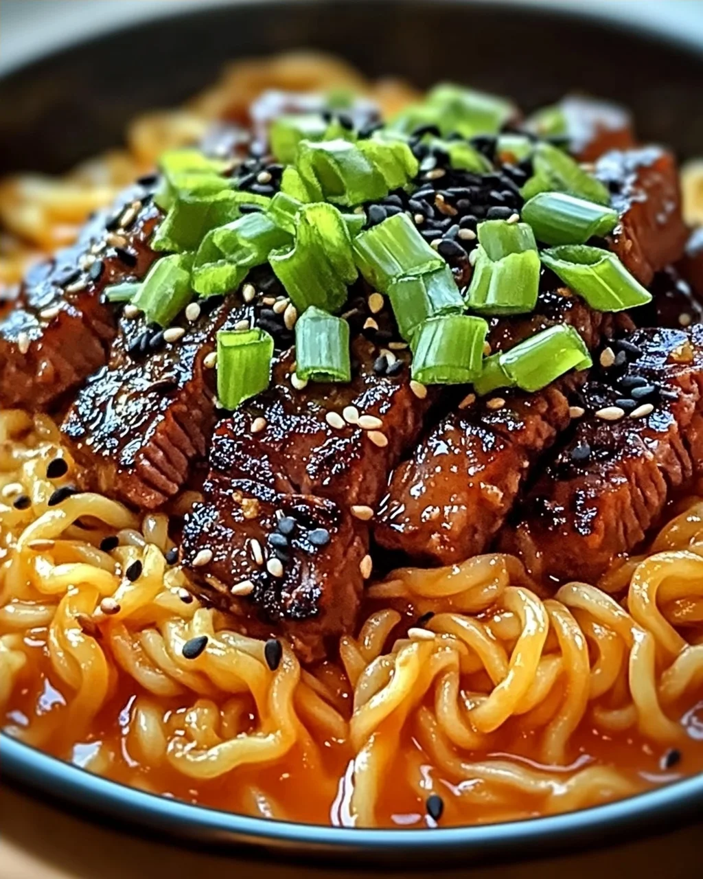 Scharfe Koreanische Nudeln mit gegrilltem Rindfleisch