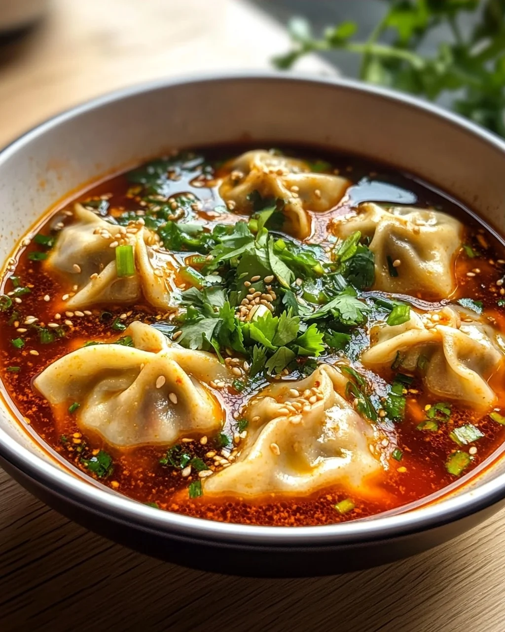 Scharfe Sichuan Wonton Suppe mit feuriger Chili-Knoblauch-Sauce