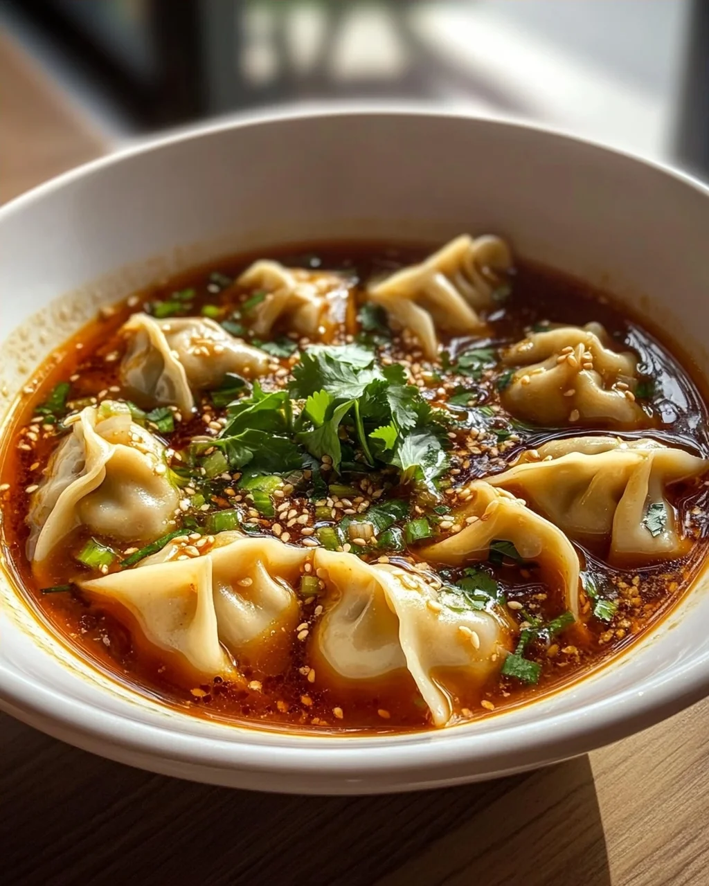 Scharfe Sichuan Wonton Suppe mit feuriger Chili-Knoblauch-Sauce