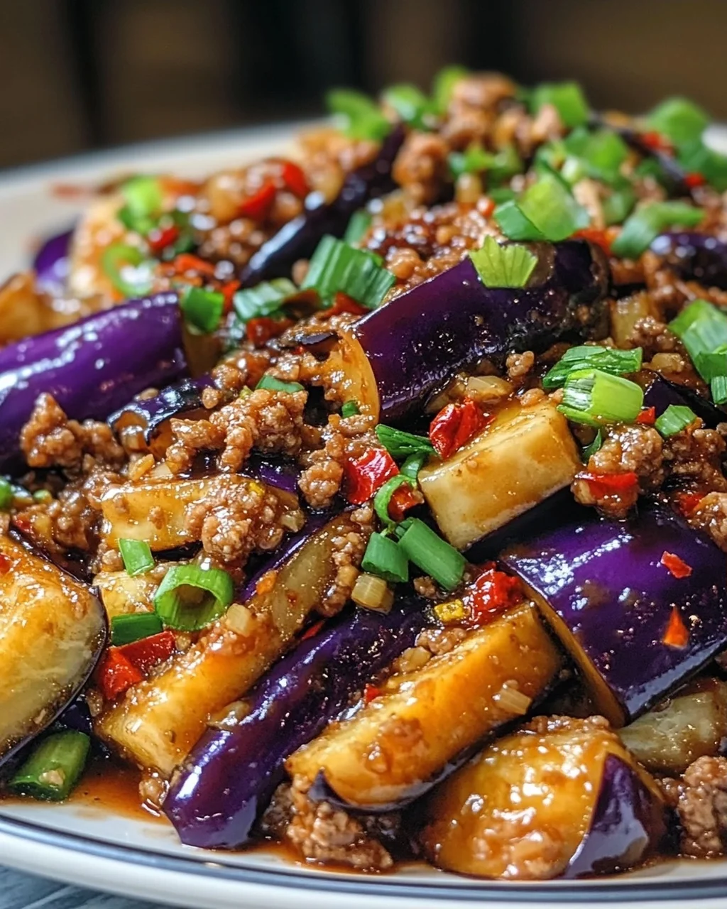 Scharfe Szechuan-Auberginen-Pfanne mit Rinderhackfleisch