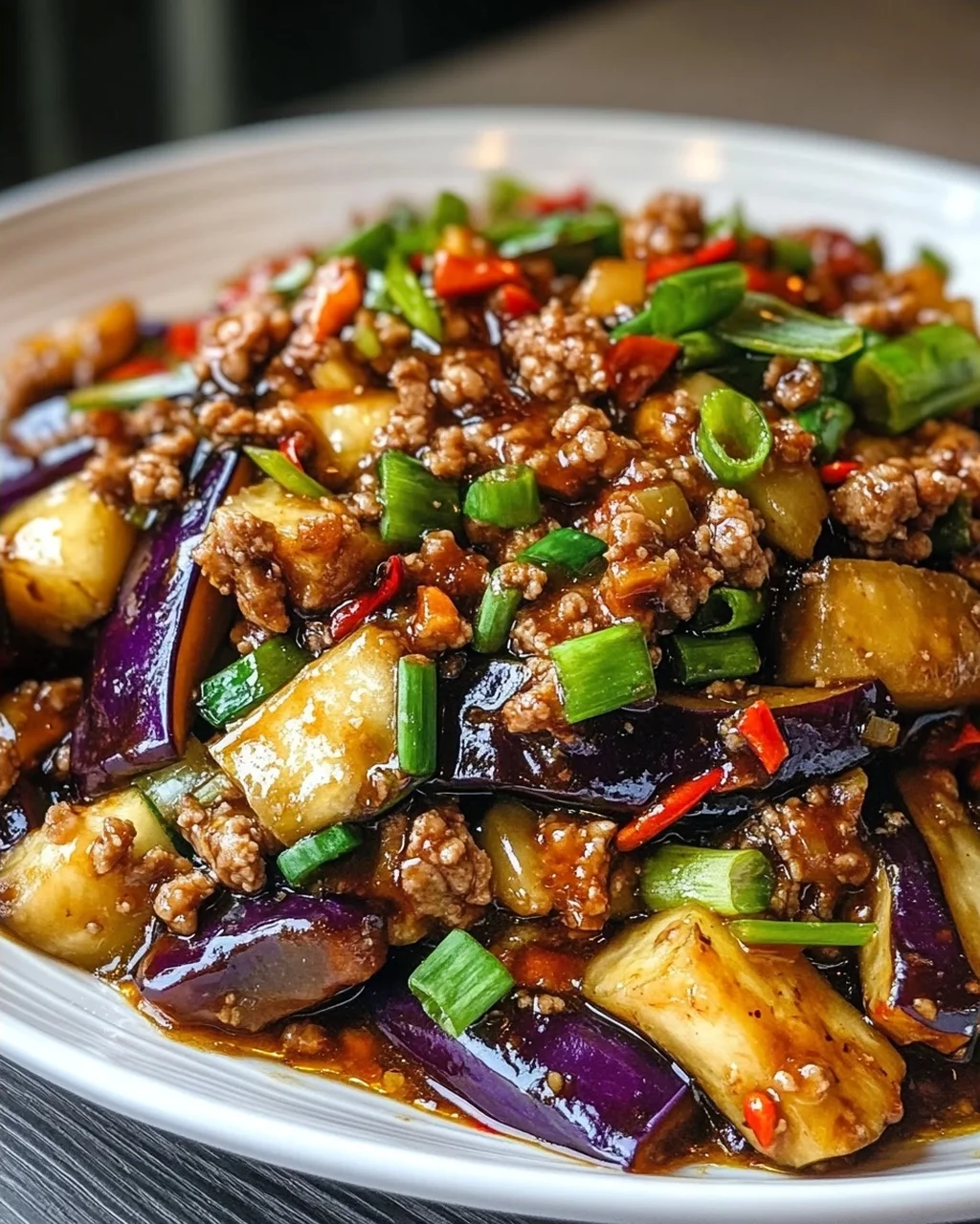 Scharfe Szechuan-Auberginen-Pfanne mit Rinderhackfleisch