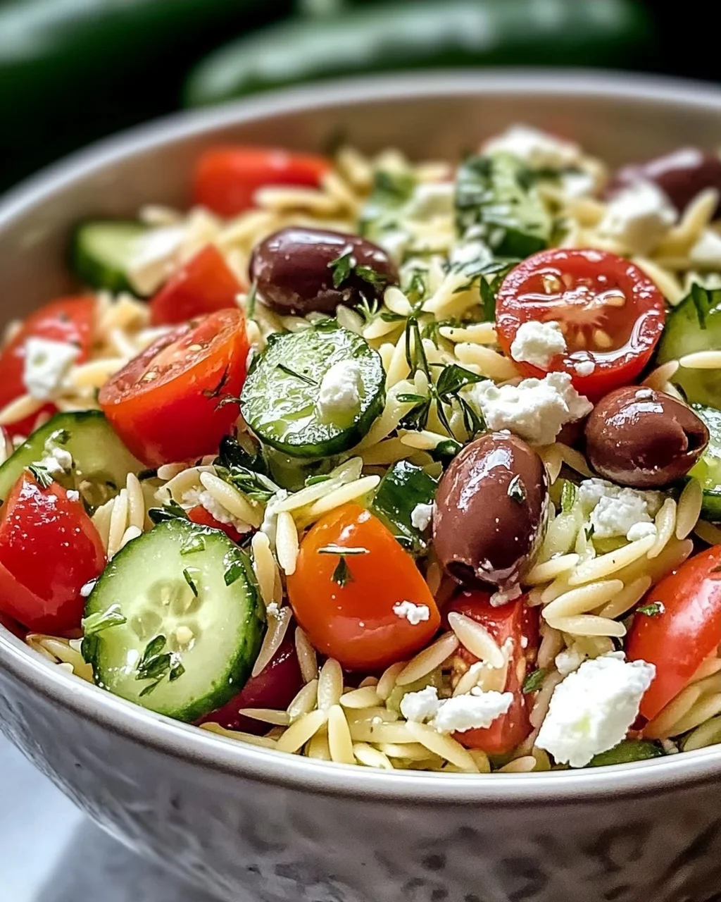 Schneller mediterraner Orzo-Pasta-Salat für heiße Tage