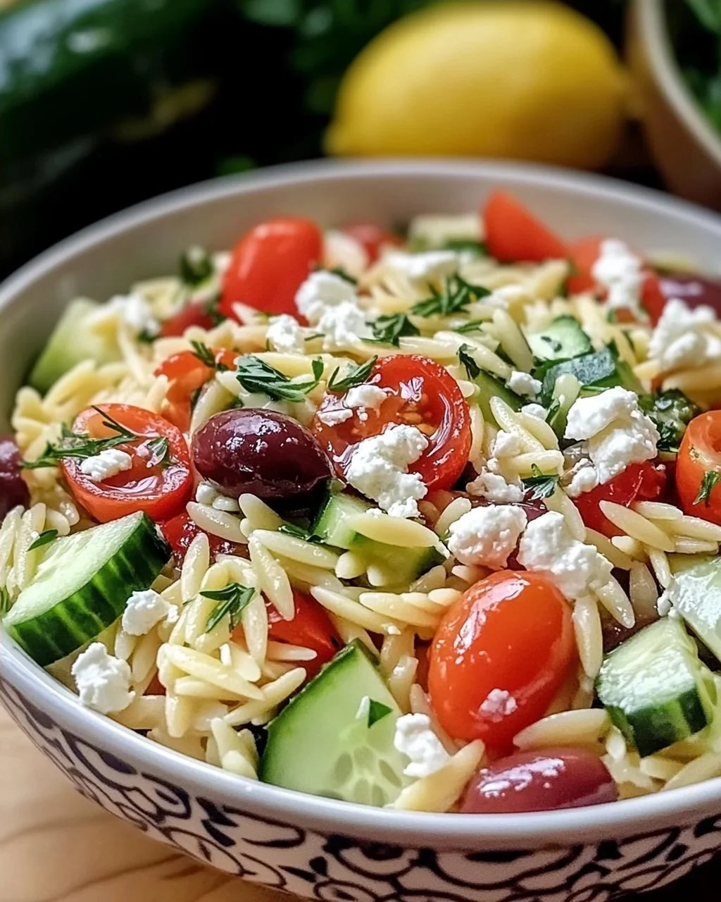 Schneller mediterraner Orzo-Pasta-Salat für heiße Tage