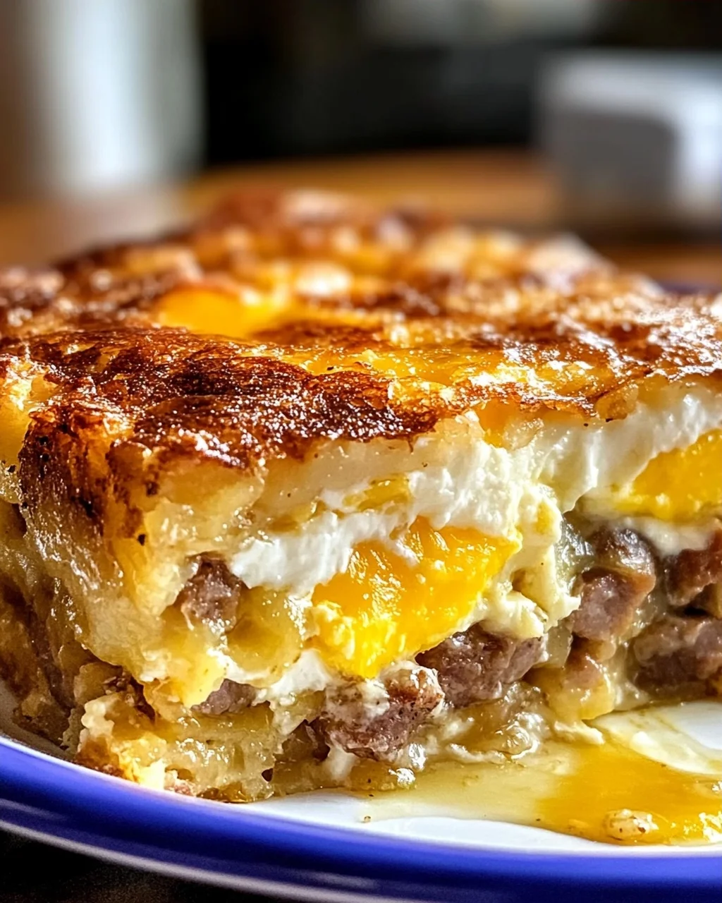Wurst Eier und Frischkäse Rösti Auflauf für Frühstücksfreunde