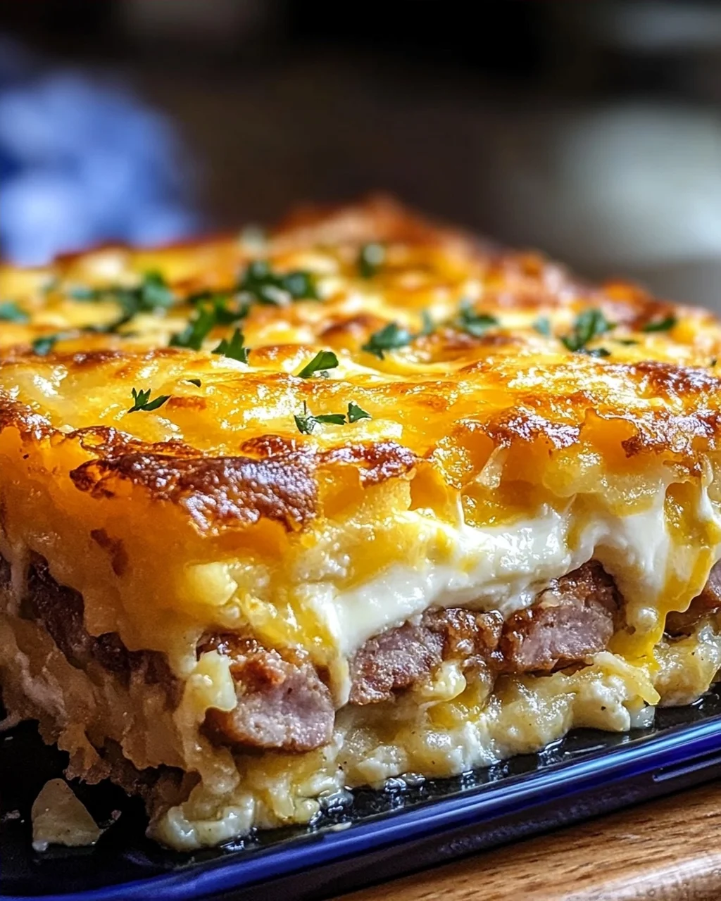 Wurst Eier und Frischkäse Rösti Auflauf für Frühstücksfreunde